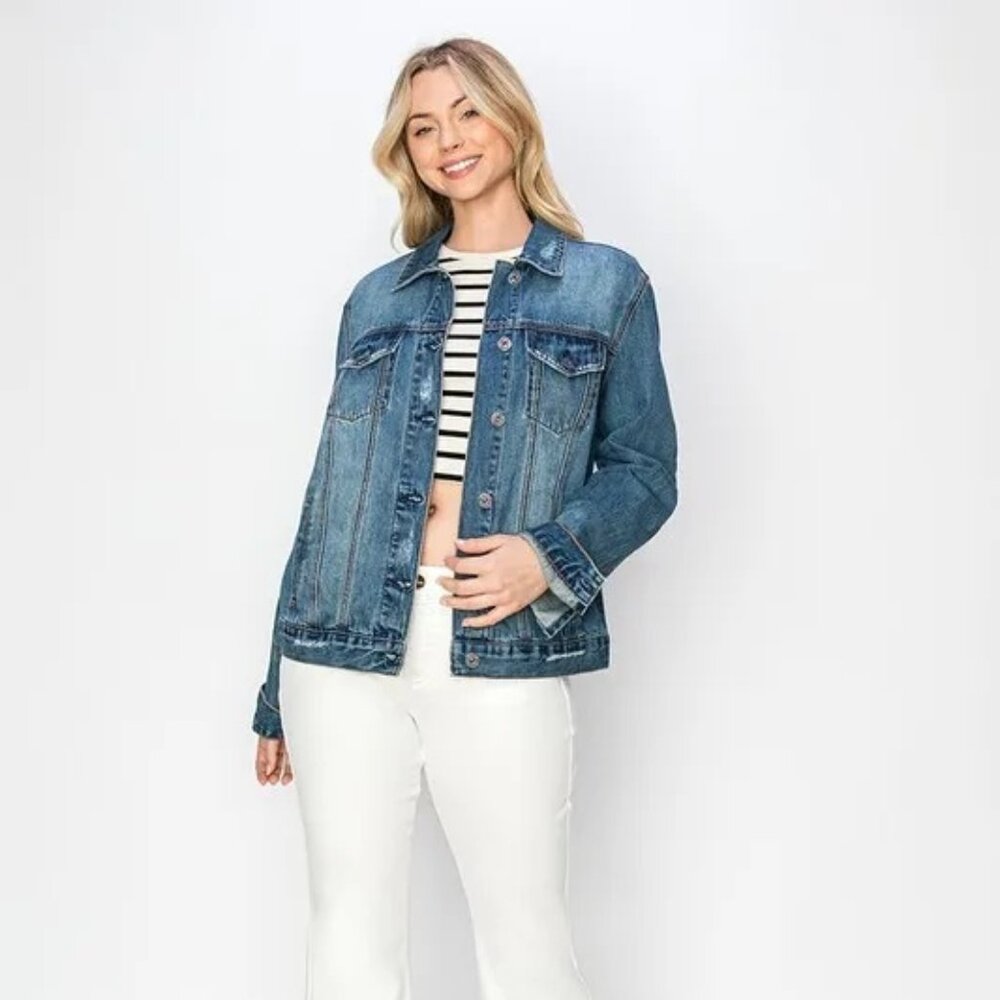 RISEN Full Size Distressed Button Up Jacket